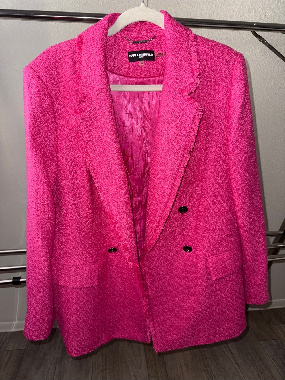Karl Lagerfeld Hot Pink Tweed Double-Breasted Blazer